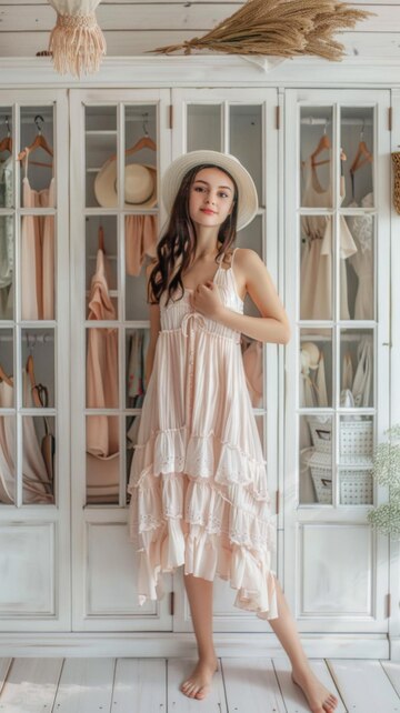 woman white dress white hat poses front white closet 248459 4521