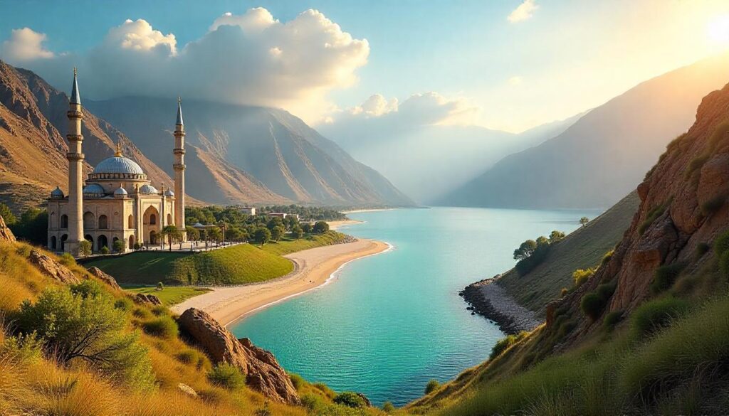 A breathtaking travel collage showcasing the best places in Pakistan. The image should feature majestic mountains of Hunza Valley, the historic Badshahi Mosque in Lahore, the serene beaches of Gwadar, the scenic Fairy Meadows with Nanga Parbat in the background, and the vibrant streets of Karachi. The composition should be visually stunning with a balance of nature, architecture, and culture, using warm and vibrant colors to highlight Pakistan’s beauty. The sky should be clear and bright, with a mix of golden sunlight and soft clouds, creating a dreamy and inviting atmosphere.