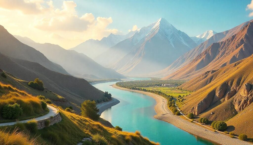 A breathtaking travel collage showcasing the best places in Pakistan. The image should feature majestic mountains of Hunza Valley, the historic Badshahi Mosque in Lahore, the serene beaches of Gwadar, the scenic Fairy Meadows with Nanga Parbat in the background, and the vibrant streets of Karachi. The composition should be visually stunning with a balance of nature, architecture, and culture, using warm and vibrant colors to highlight Pakistan’s beauty. The sky should be clear and bright, with a mix of golden sunlight and soft clouds, creating a dreamy and inviting atmosphere.