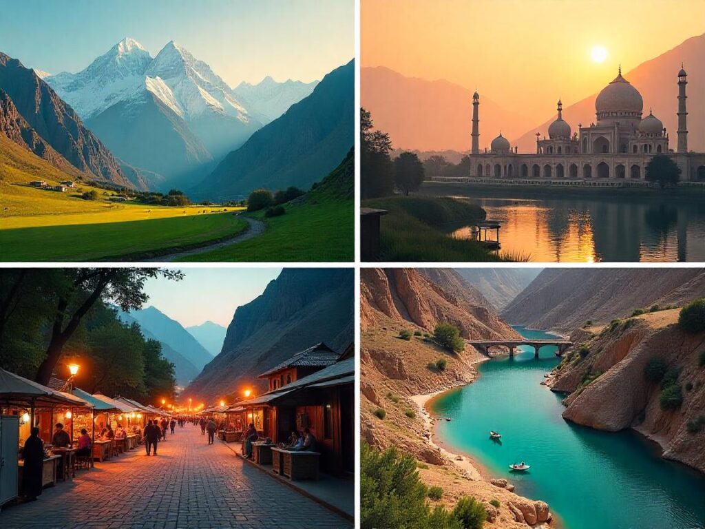 A stunning travel collage of Pakistan, highlighting its most iconic destinations. The image should include: Majestic Hunza Valley with snow-capped mountains and lush green fields. Badshahi Mosque in Lahore glowing under the golden sunset. Serene Attabad Lake with its crystal-clear turquoise waters. Bustling streets of Karachi with colorful lights and lively markets. Mohenjo-Daro ruins, showcasing the ancient Indus Valley Civilization. The sky should have warm golden hues, creating a dreamy and adventurous travel aesthetic. The overall tone should reflect exploration, culture, and the diverse beauty of Pakistan.