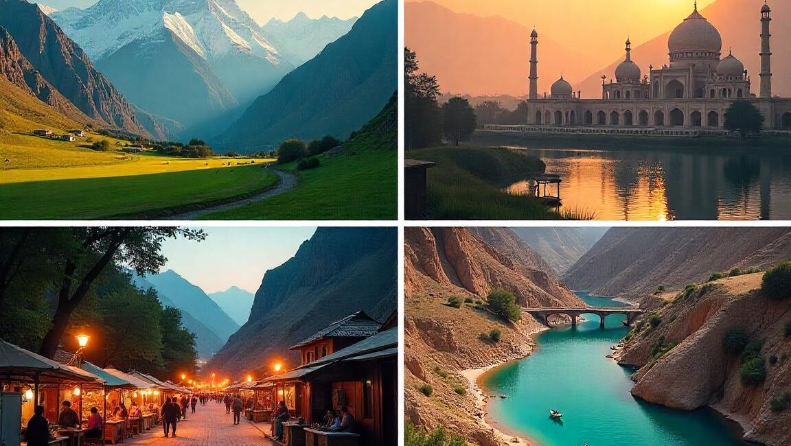 A stunning travel collage of Pakistan, highlighting its most iconic destinations. The image should include: Majestic Hunza Valley with snow-capped mountains and lush green fields. Badshahi Mosque in Lahore glowing under the golden sunset. Serene Attabad Lake with its crystal-clear turquoise waters. Bustling streets of Karachi with colorful lights and lively markets. Mohenjo-Daro ruins, showcasing the ancient Indus Valley Civilization. The sky should have warm golden hues, creating a dreamy and adventurous travel aesthetic. The overall tone should reflect exploration, culture, and the diverse beauty of Pakistan.