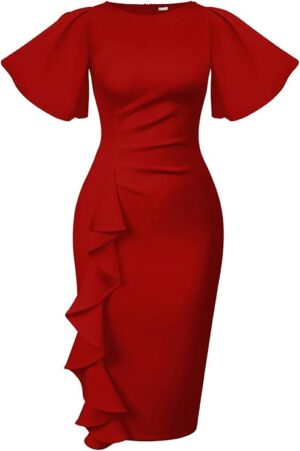 Vintage Ruffle Sleeve Pencil Dress