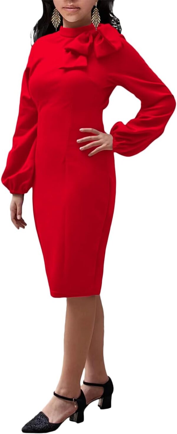 Women's Church Dress Bishop Sleeve Bow Knot Work Casual Elegant Cocktail Party Pencil Midi Dresses - Image 3