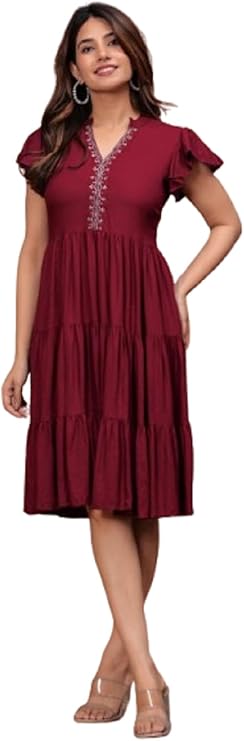 Women's Flared Midi Dress | Short Sleeve Tiered Dress | Stylish Casual Wear for Women - Wine Red