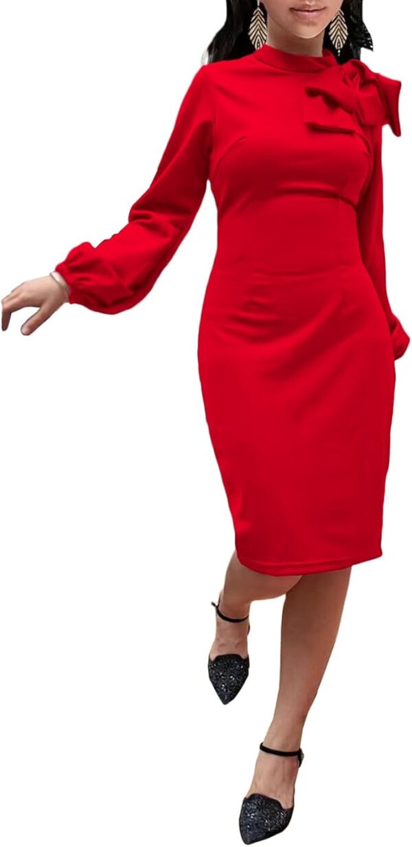Women's Church Dress Bishop Sleeve Bow Knot Work Casual Elegant Cocktail Party Pencil Midi Dresses - Image 4