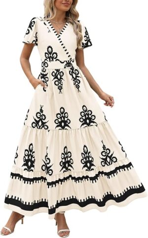PRETTYGARDEN Womens 2025 Summer Casual V Neck Boho Maxi Dress Flowy Aline Bell Sleeve Tiered Floral Dresses with Pocket
