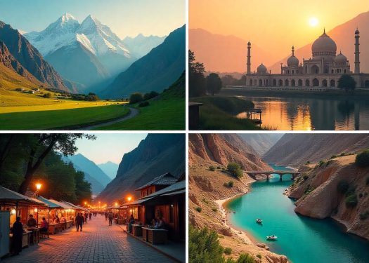 A stunning travel collage of Pakistan, highlighting its most iconic destinations. The image should include: Majestic Hunza Valley with snow-capped mountains and lush green fields. Badshahi Mosque in Lahore glowing under the golden sunset. Serene Attabad Lake with its crystal-clear turquoise waters. Bustling streets of Karachi with colorful lights and lively markets. Mohenjo-Daro ruins, showcasing the ancient Indus Valley Civilization. The sky should have warm golden hues, creating a dreamy and adventurous travel aesthetic. The overall tone should reflect exploration, culture, and the diverse beauty of Pakistan.